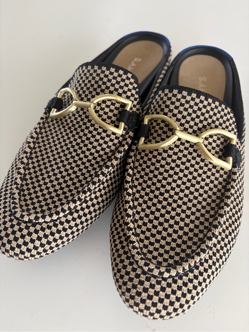 Rothy's Black and Cream Checkered Slip-On Mules with Gold Bit - Picture 4 of 4